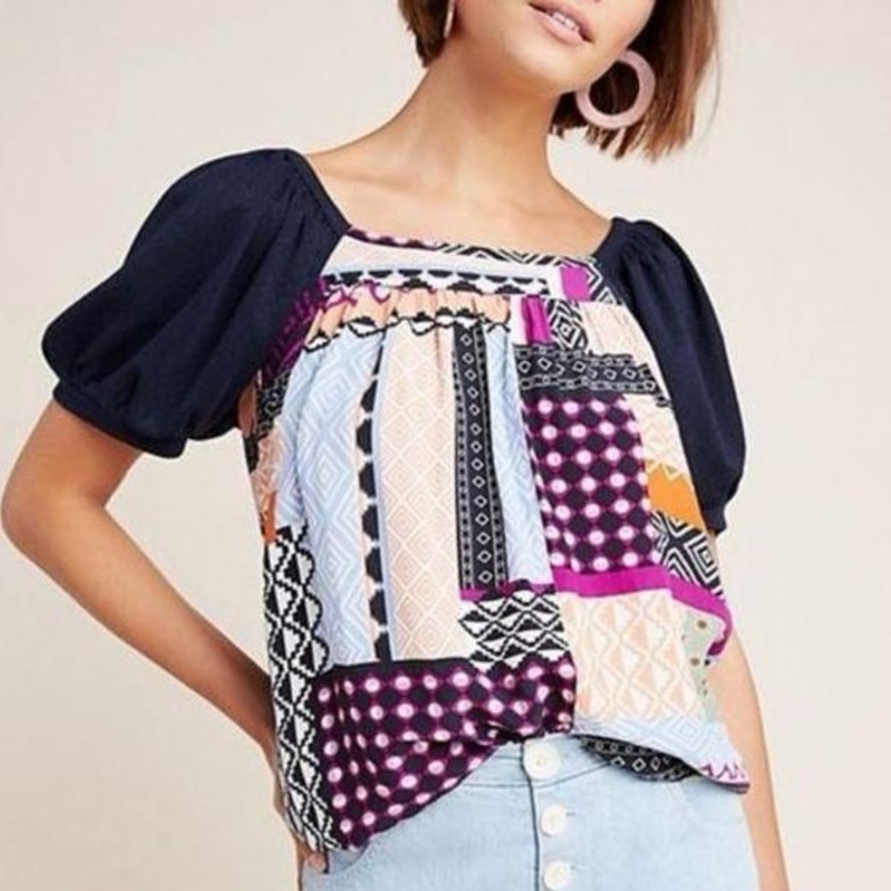 Anthropologie Maeve Catania Patchwork Puff Sleeve Top